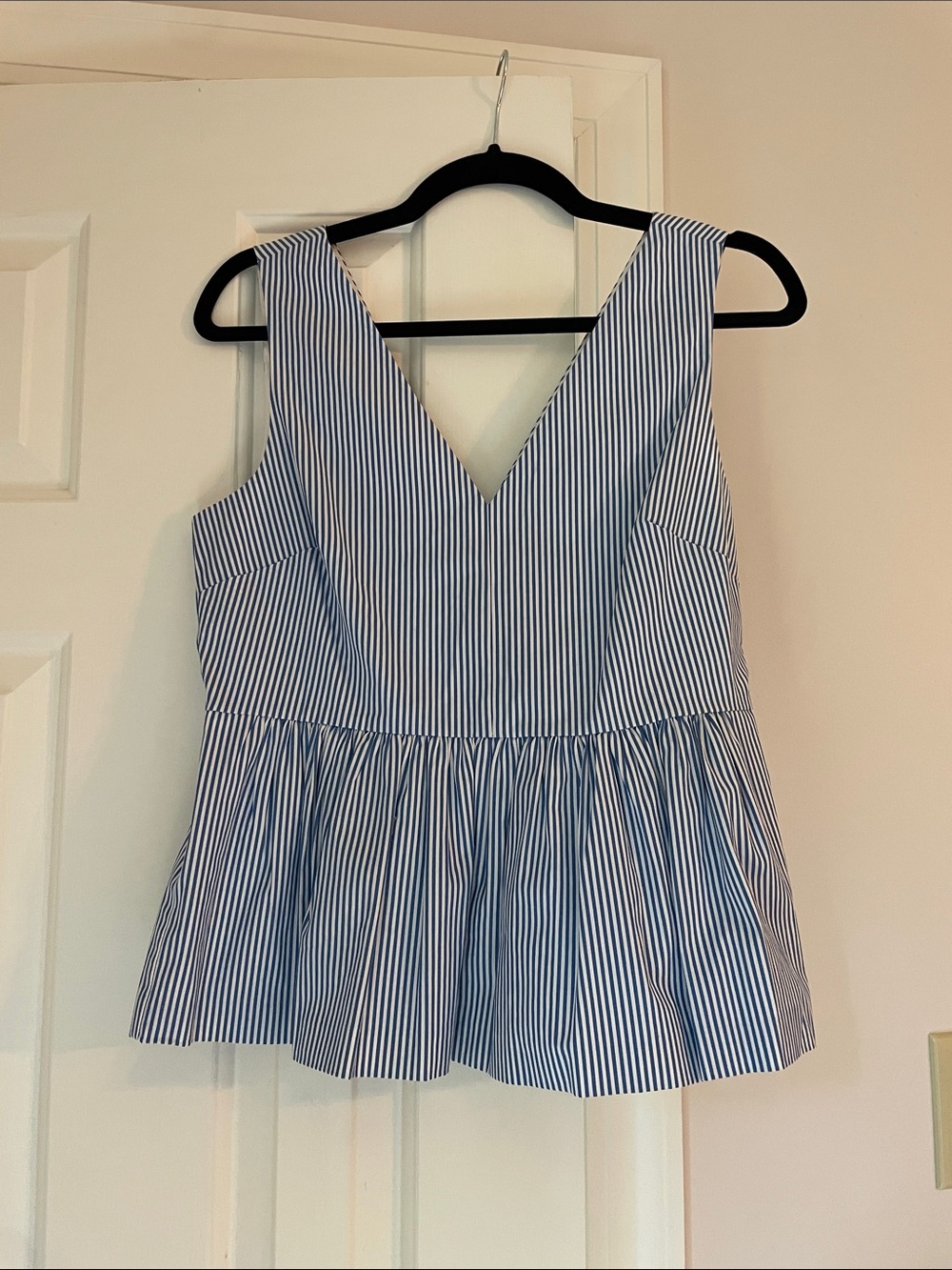J. Crew Blue & White Striped V-Neck Peplum Tank